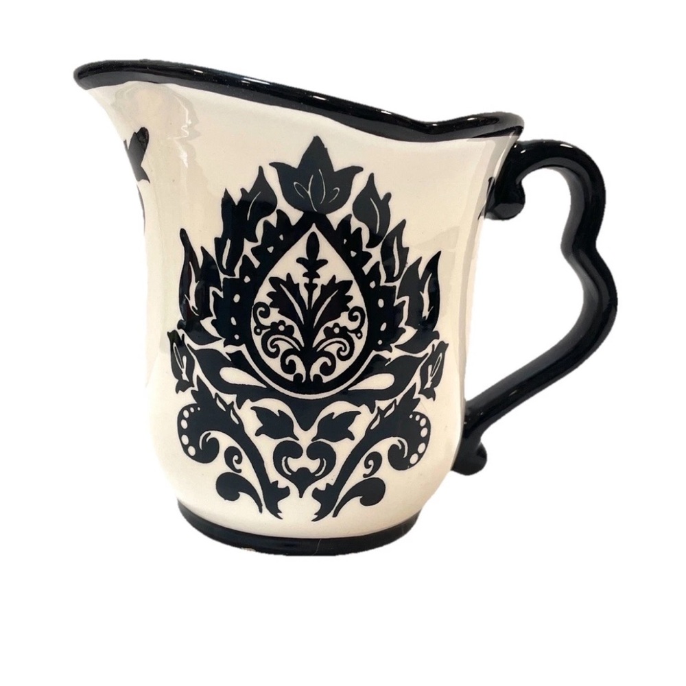 222 Fifth Muse Damask Black And White Ceramic Creamer